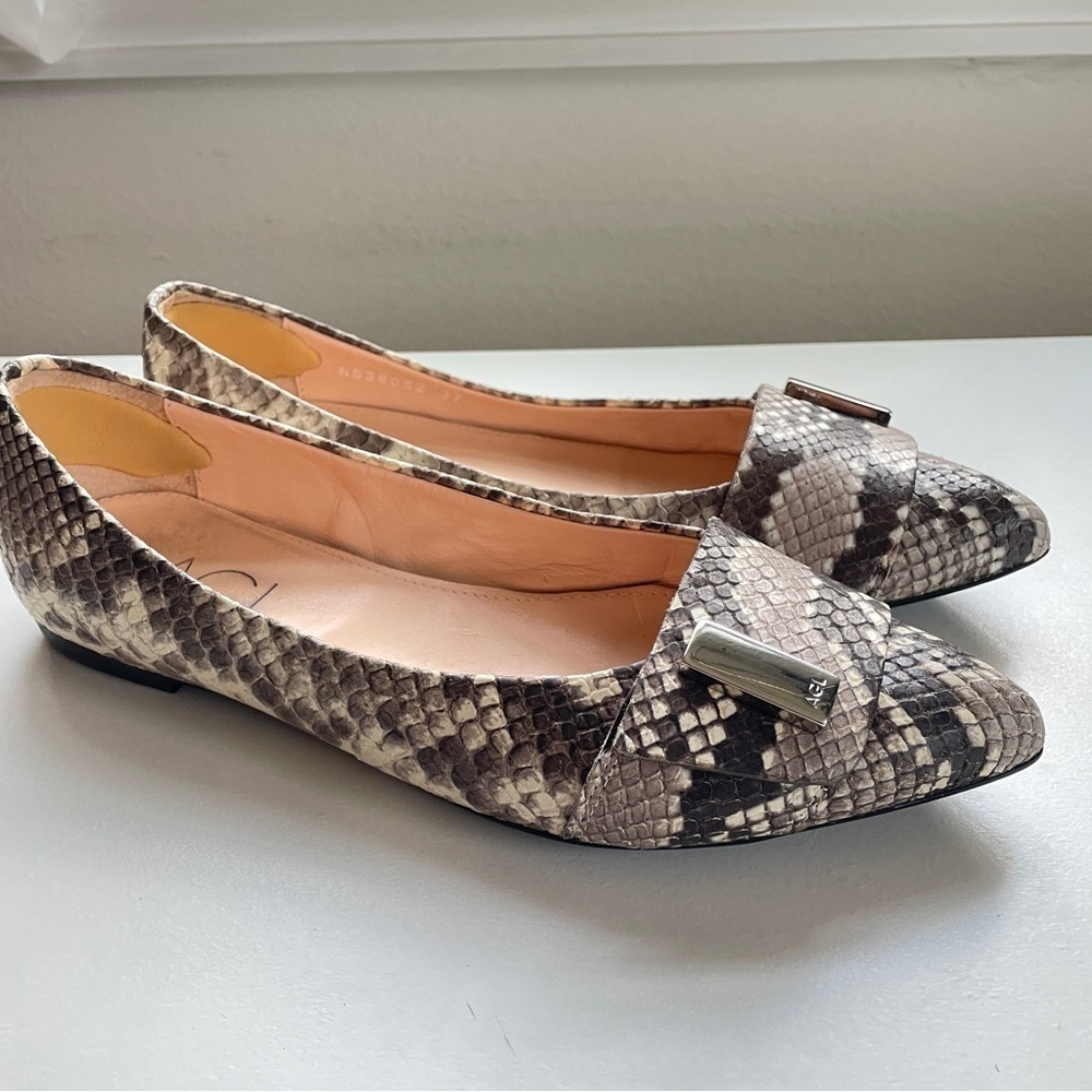 AGL Snake Print Ballet Flats Shoes Leather Pointed Toe Slip On Silver Hardware 7 - Picture 2 of 9